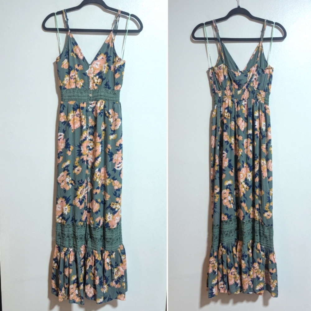 Miami‎ Green Pink Floral Button Front Crochet Detail Maxi Dress Small